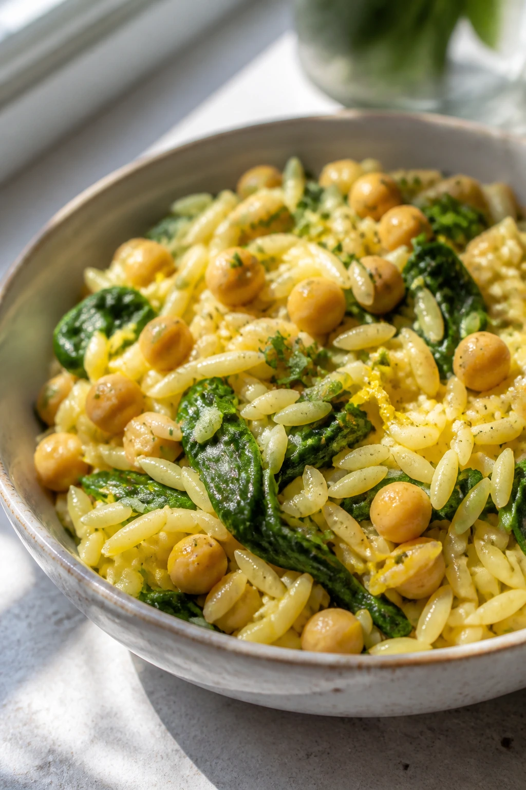 Lemon Garlic Orzo with Chickpeas in a bright bowl with spinach