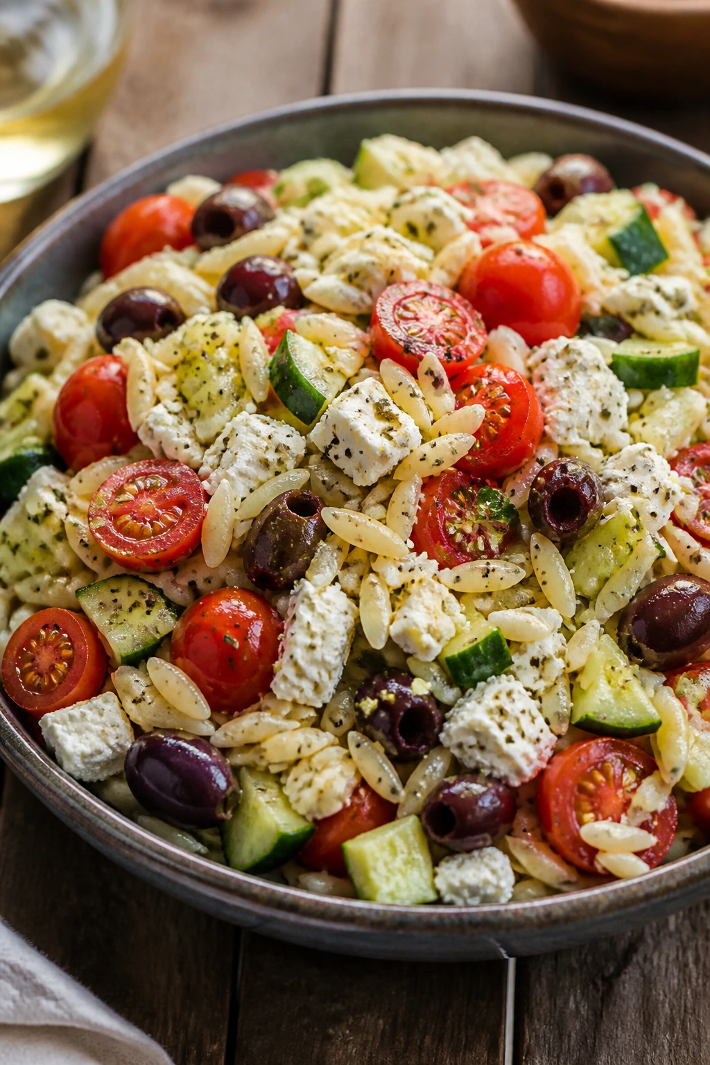 Greek orzo salad with feta olives in bowl