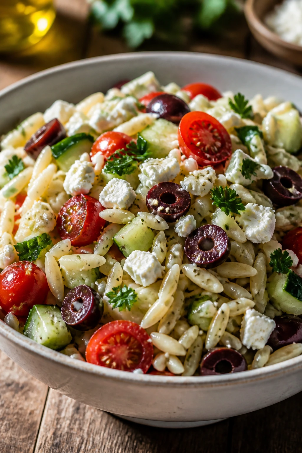Close-up of Greek orzo salad with olives and feta in sunlit kitchen