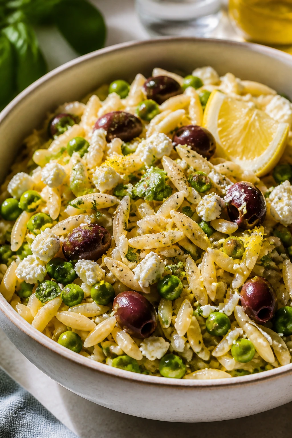 Close-up of Mediterranean Orzo with Feta and Peas in a bright kitchen