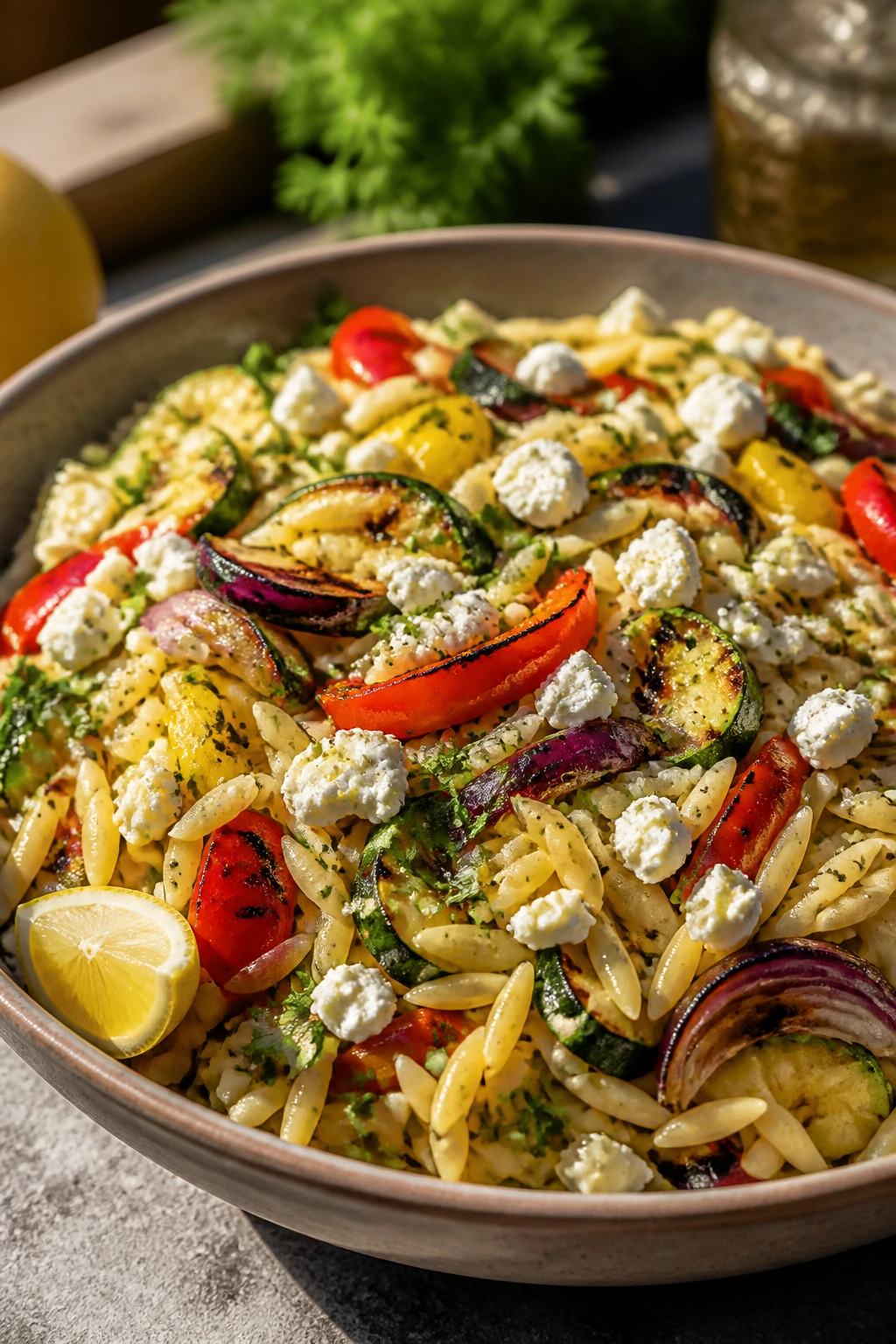 Orzo with grilled vegetables and feta in a rustic bowl on a sunlit outdoor counter