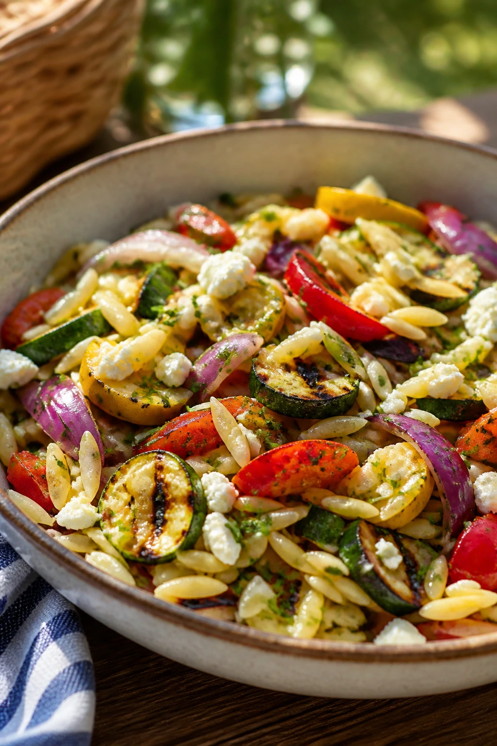 Close-up of grilled vegetable orzo salad in a bowl on an outdoor picnic table.