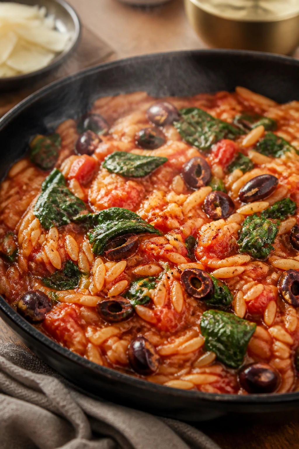 Close-up of tomato orzo with olives and spinach in a rustic skillet