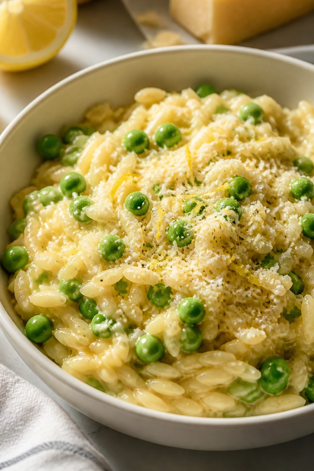Close-up lemon parmesan orzo with peas in a bright bowl