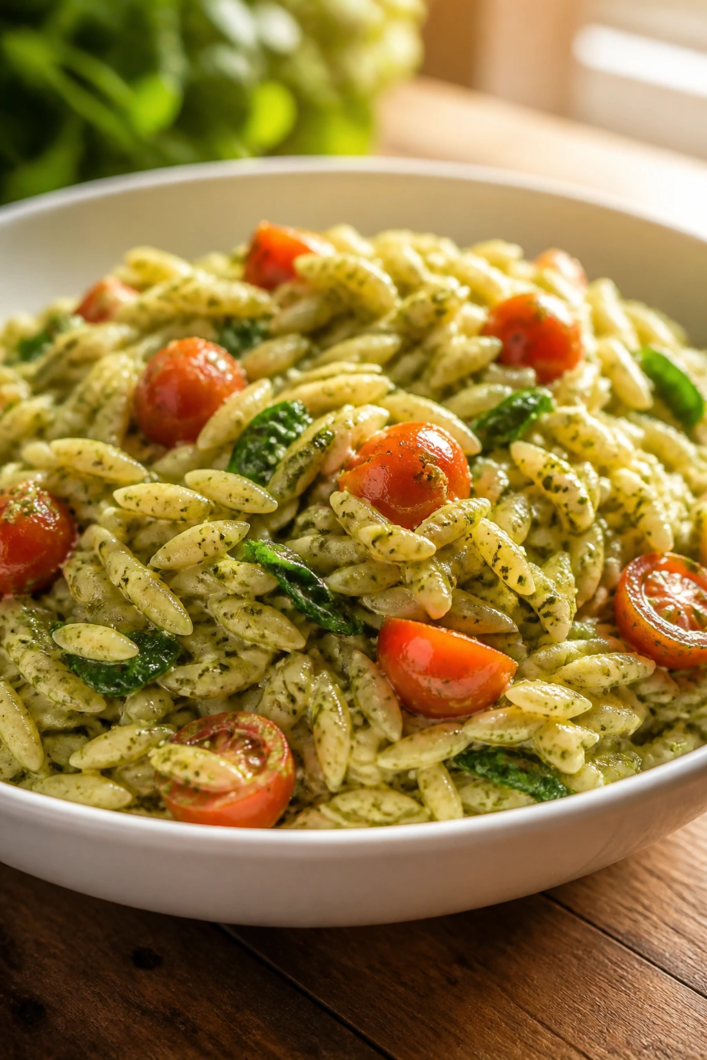 Close-up of creamy pesto orzo with tomatoes and spinach in a bowl