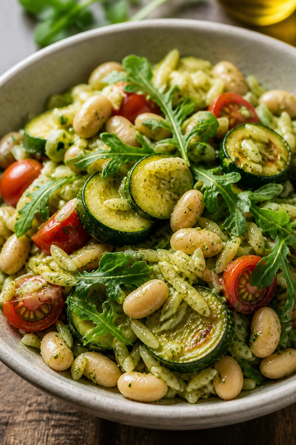 Close-up of Pesto White Bean Orzo Bowl with zucchini and arugula on a rustic table