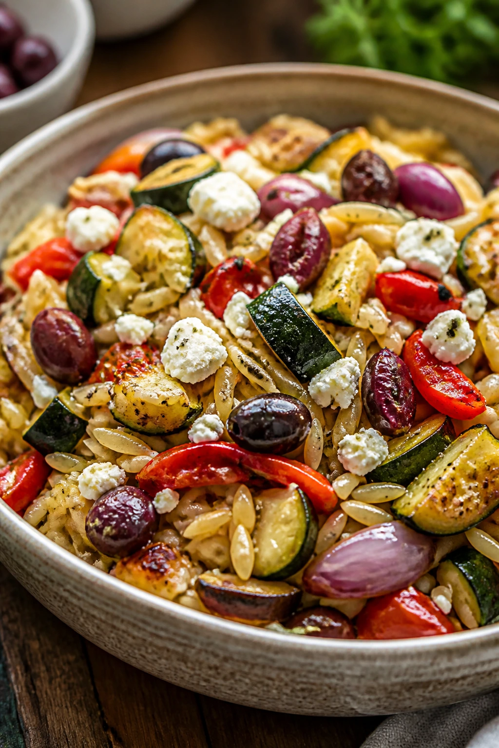 Close-up of Greek Orzo with Roasted Vegetables in a bowl with olives and feta on a wooden table