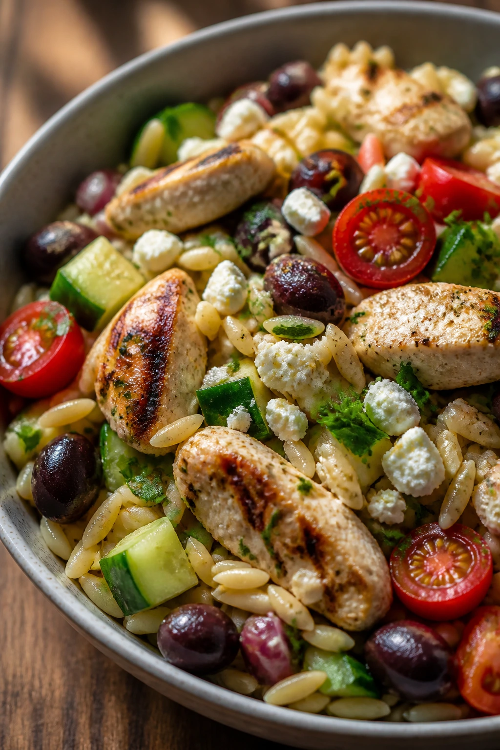 Orzo salad with chicken, cucumber, tomatoes, feta, and olives in a bowl