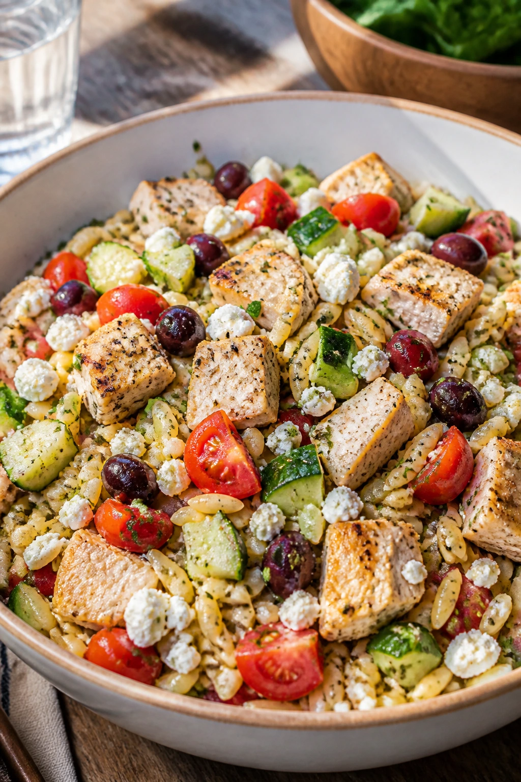 Orzo salad with chicken, cucumber, tomatoes and feta in a bowl
