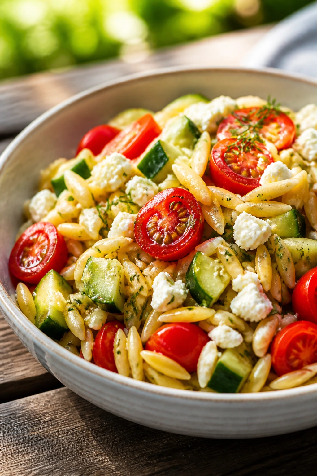 Close-up bowl of orzo salad with tomatoes, cucumber, feta, and dill outdoors
