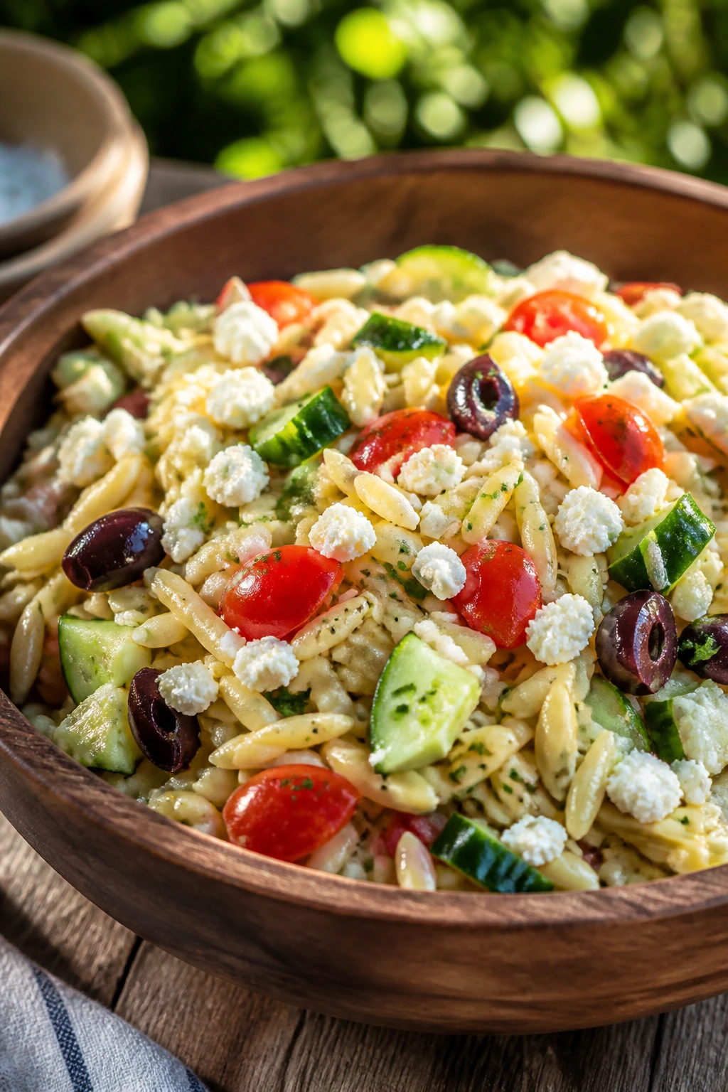 Close-up of Mediterranean orzo pasta salad with feta olives cucumber on outdoor table