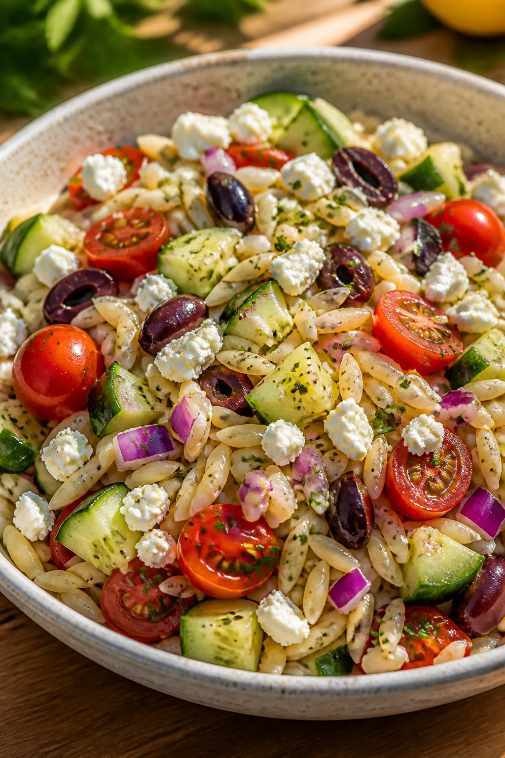 Orzo salad with cucumber, tomatoes, feta, and olives in a bowl