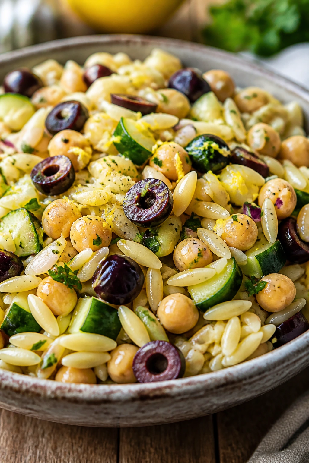 Close-up of Mediterranean Orzo Salad with olives and chickpeas in a bowl