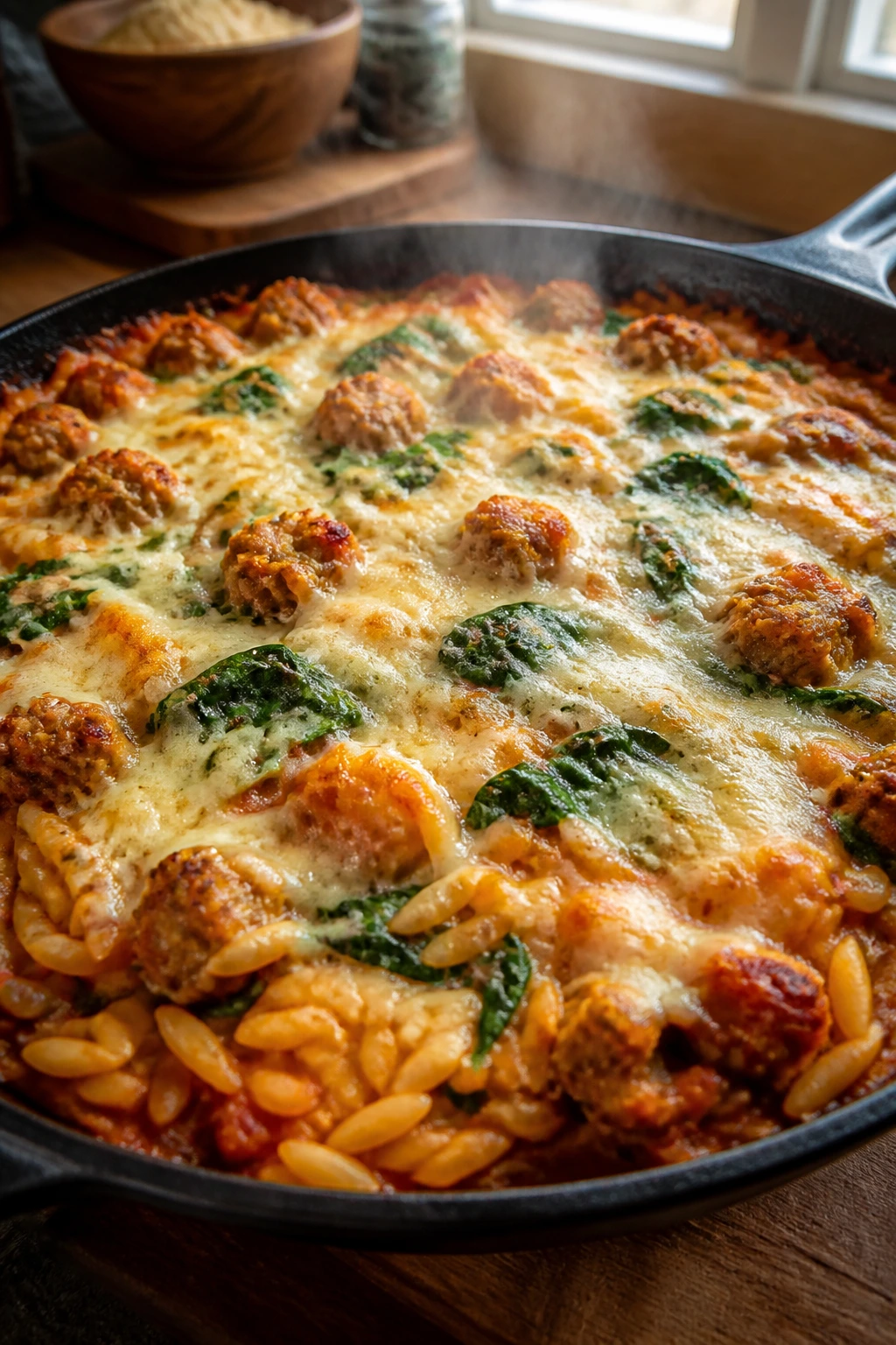 Close-up of orzo sausage bake with spinach and mozzarella