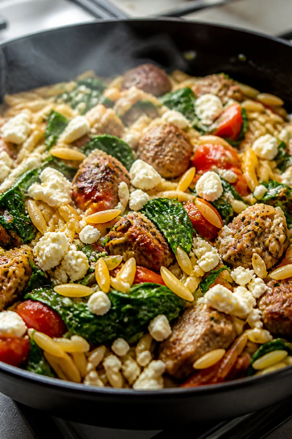 One-pan sausage orzo skillet with feta in a bright kitchen