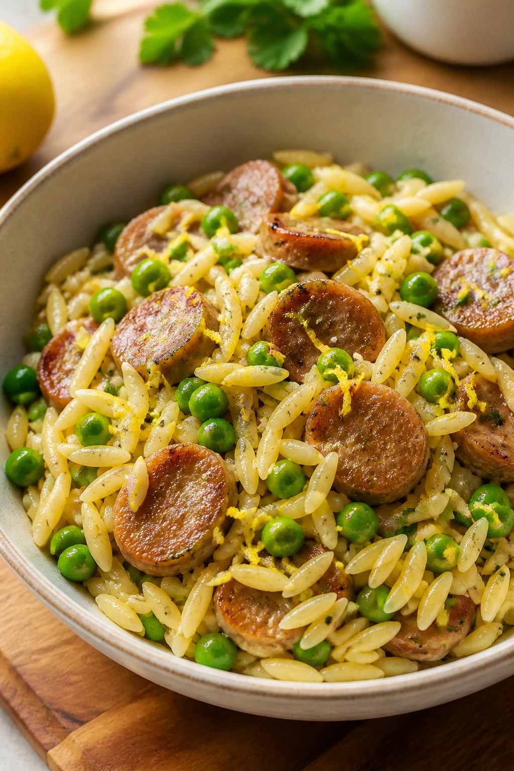 Bright orzo dish with sausage peas and lemon zest in a sunny kitchen