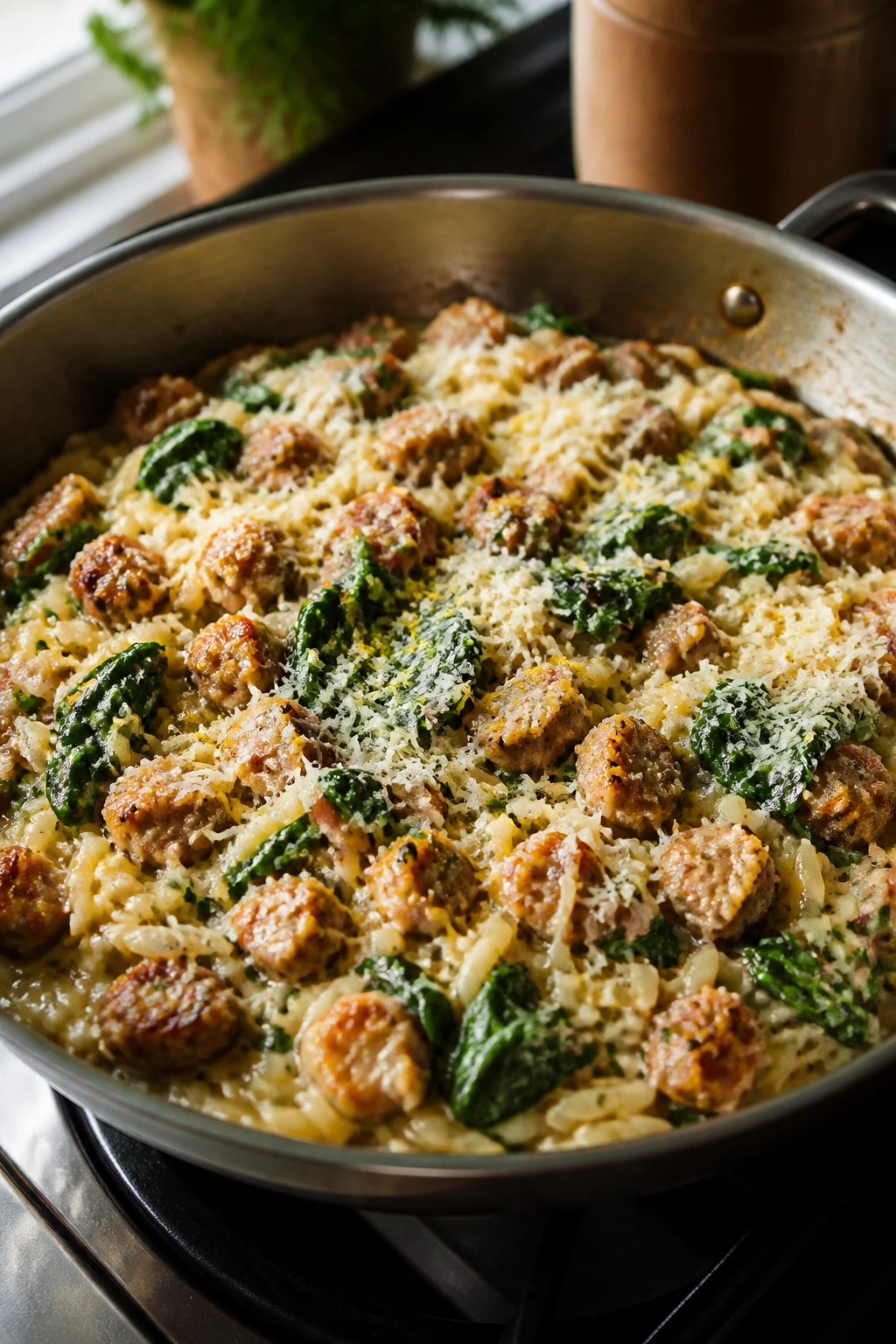 Creamy orzo with sausage and spinach in a skillet