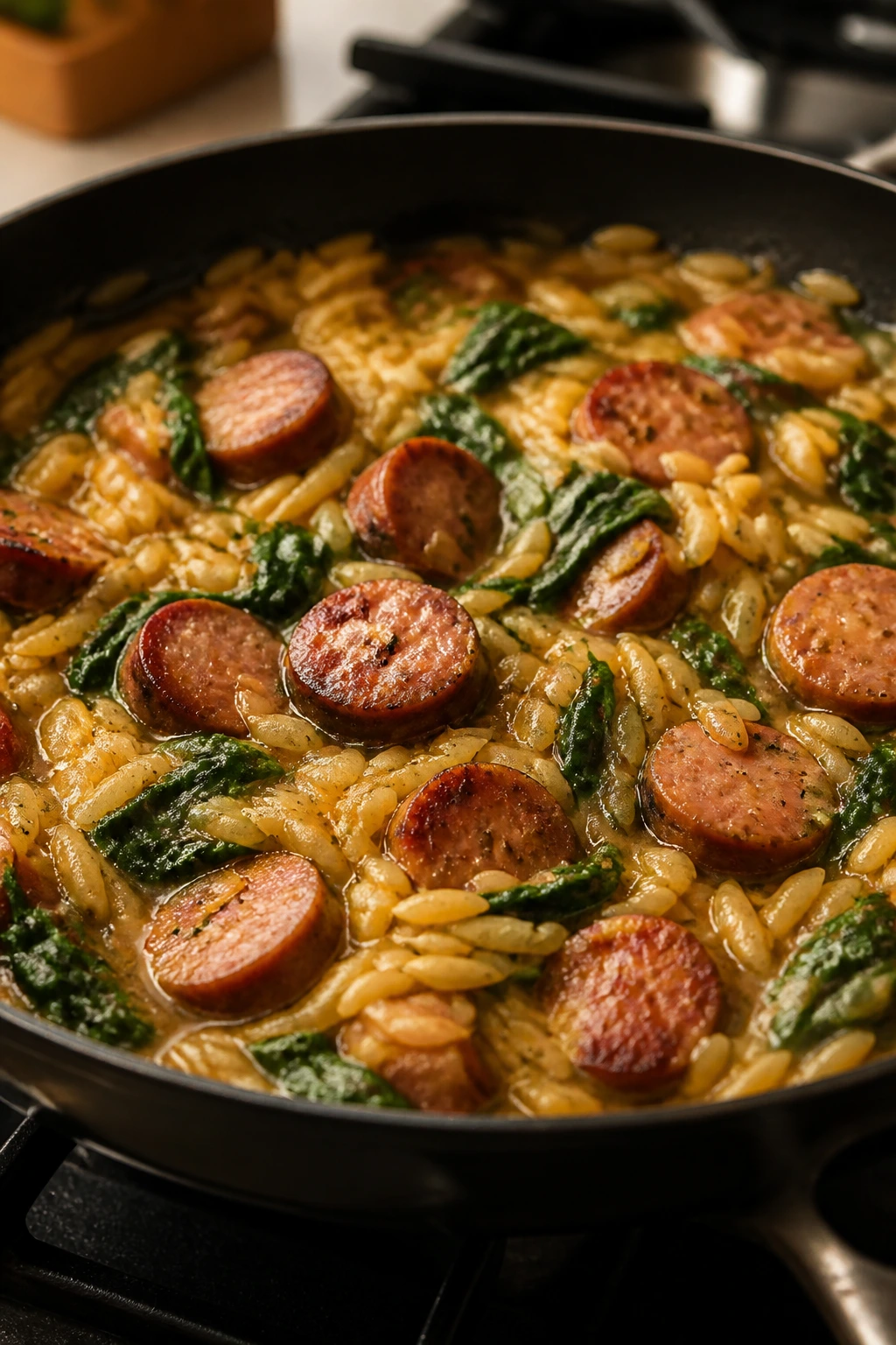 Close-up of sausage and spinach orzo in a skillet
