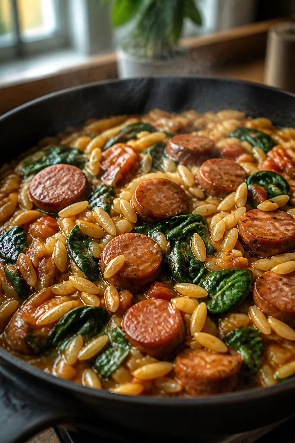 Skillet with orzo, sausage, and spinach in glossy sauce