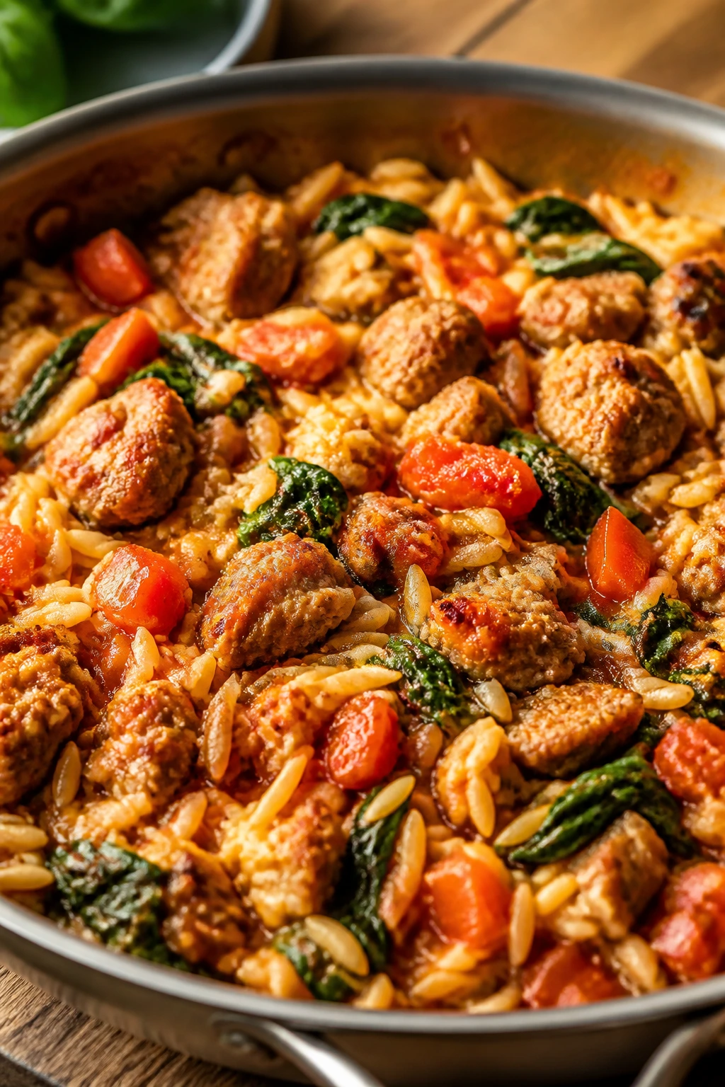 Close-up of sausage tomato orzo in a skillet
