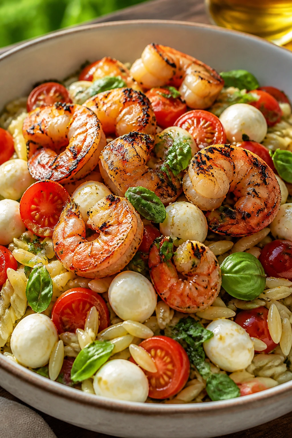 Caprese orzo with shrimp in a bright bowl