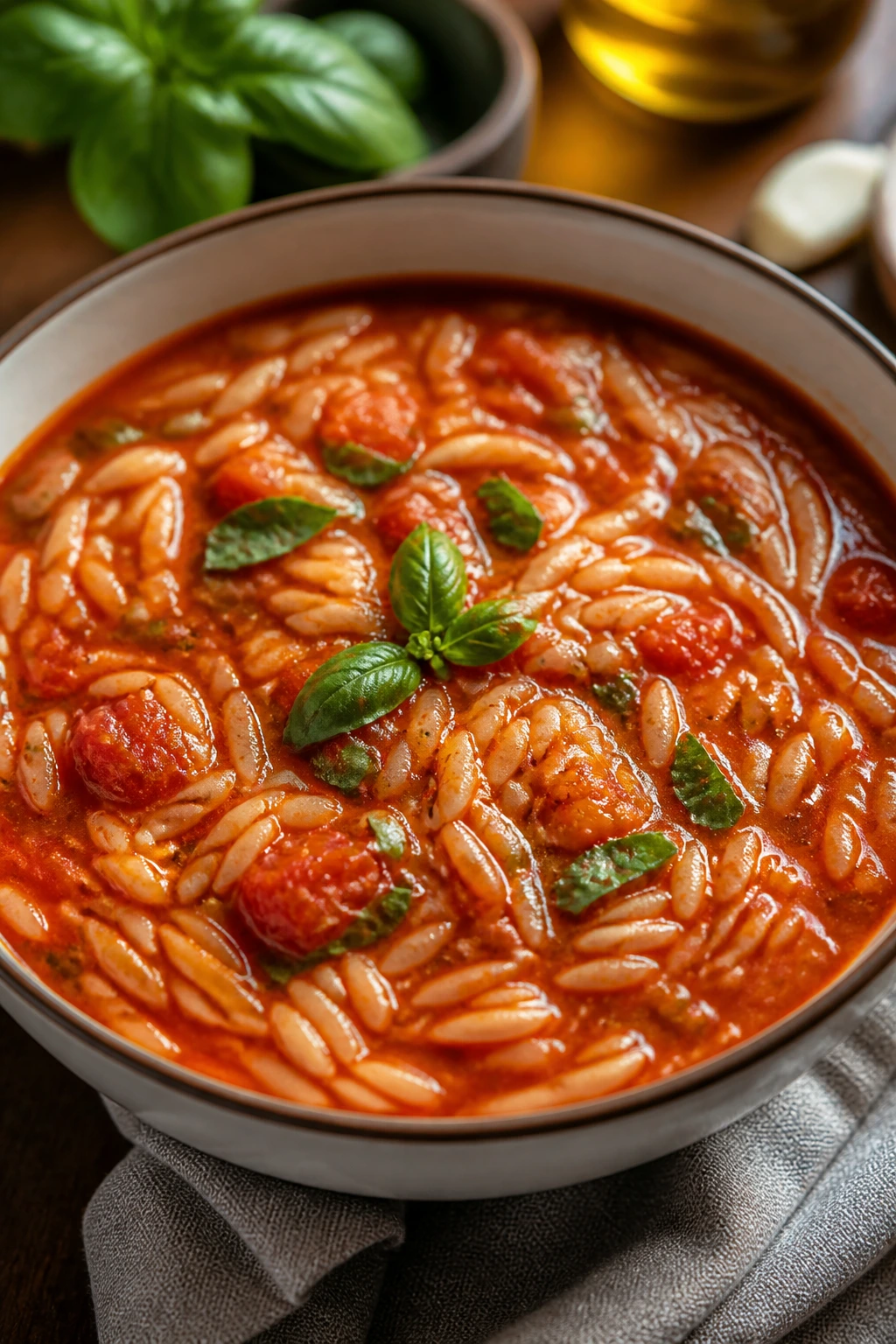 Close-up of tomato basil orzo soup in a bowl with basil in a warm kitchen