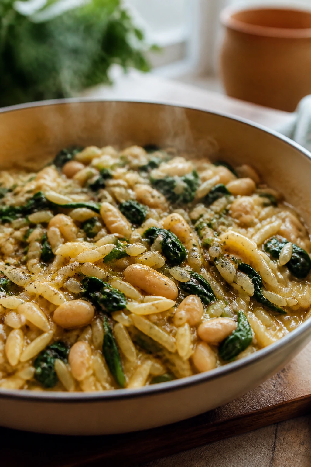 Orzo with spinach and white beans in a rustic kitchen