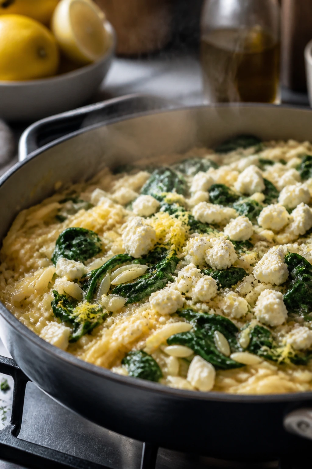 One-pot orzo with spinach and feta in a deep skillet