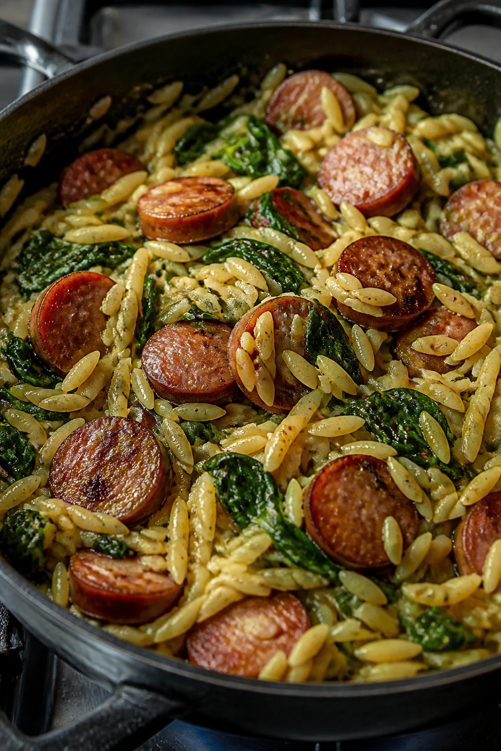 Orzo with spinach and sausage in a glossy pan on a stove
