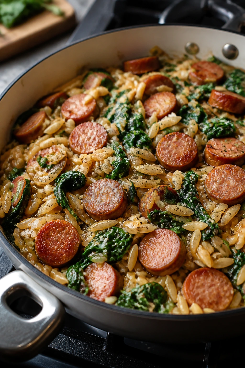 Close-up of orzo, sausage, and spinach in a skillet