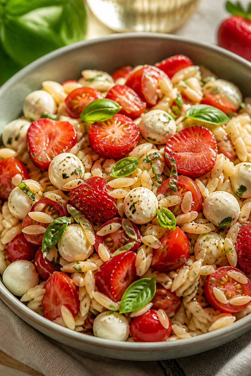 Strawberry Caprese orzo salad in a bright bowl outdoors