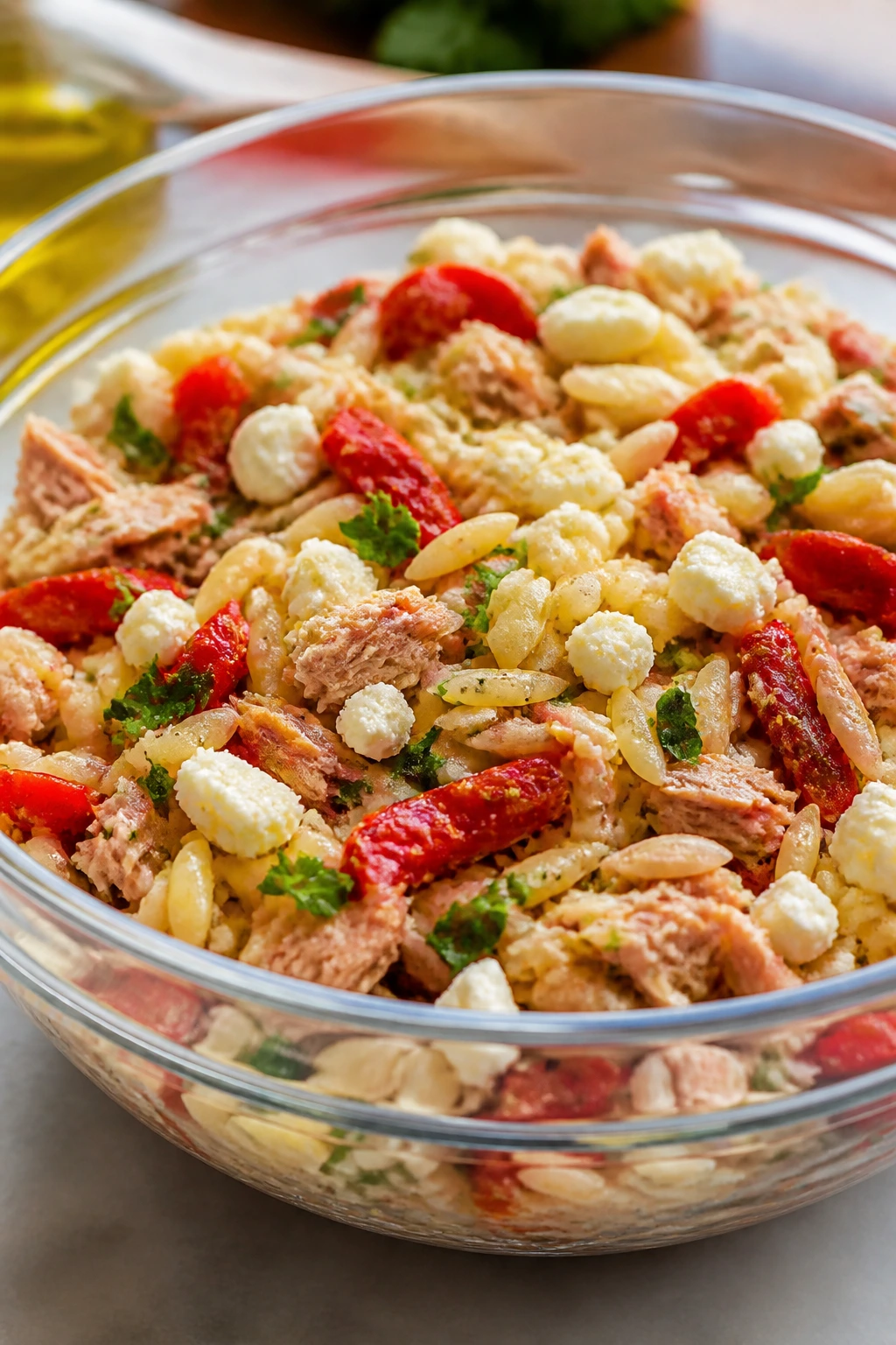 Close-up of Orzo Tuna Salad with Roasted Red Peppers featuring orzo, tuna, peppers, feta, and parsley.