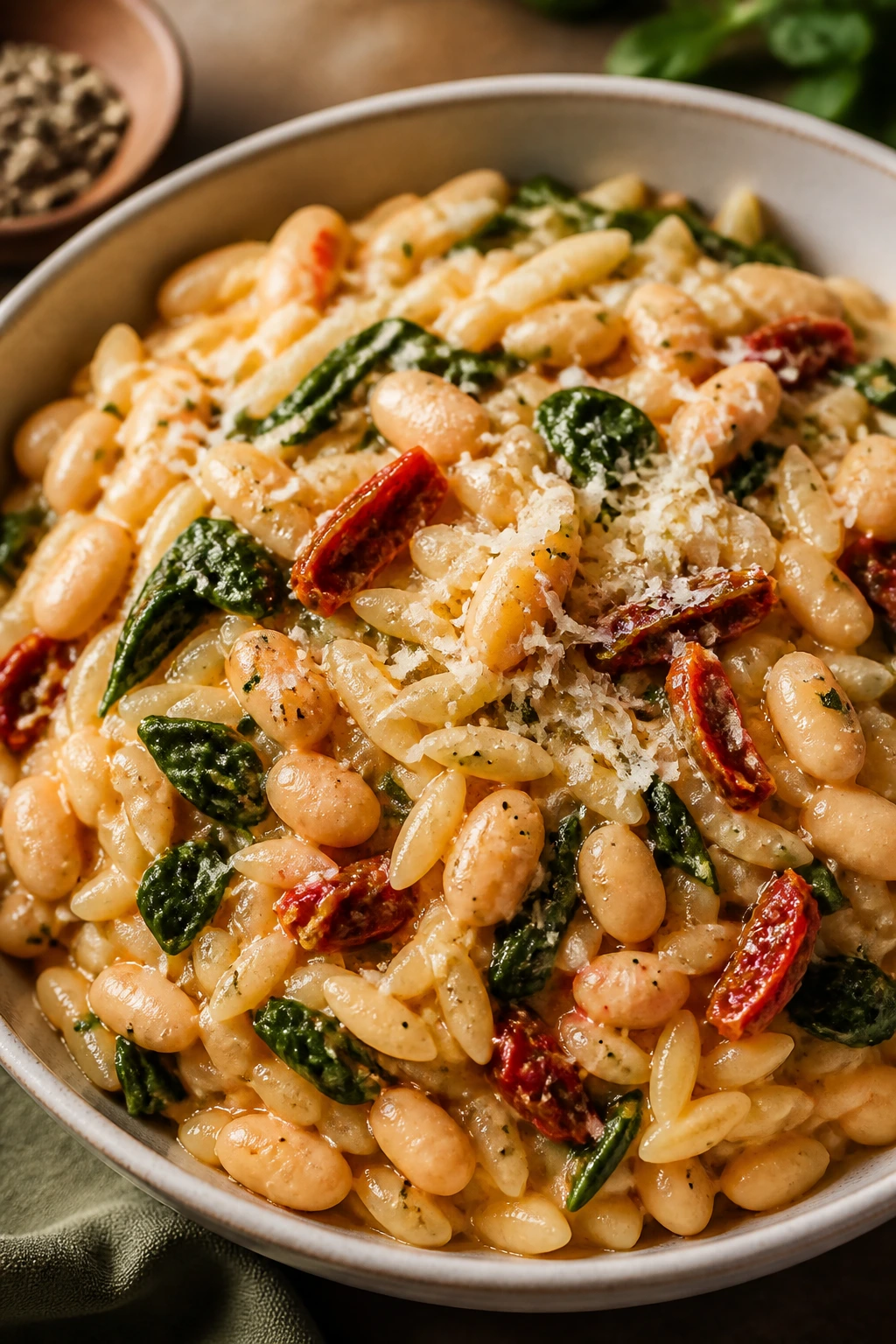 Orzo with white beans and sun-dried tomatoes in a bowl