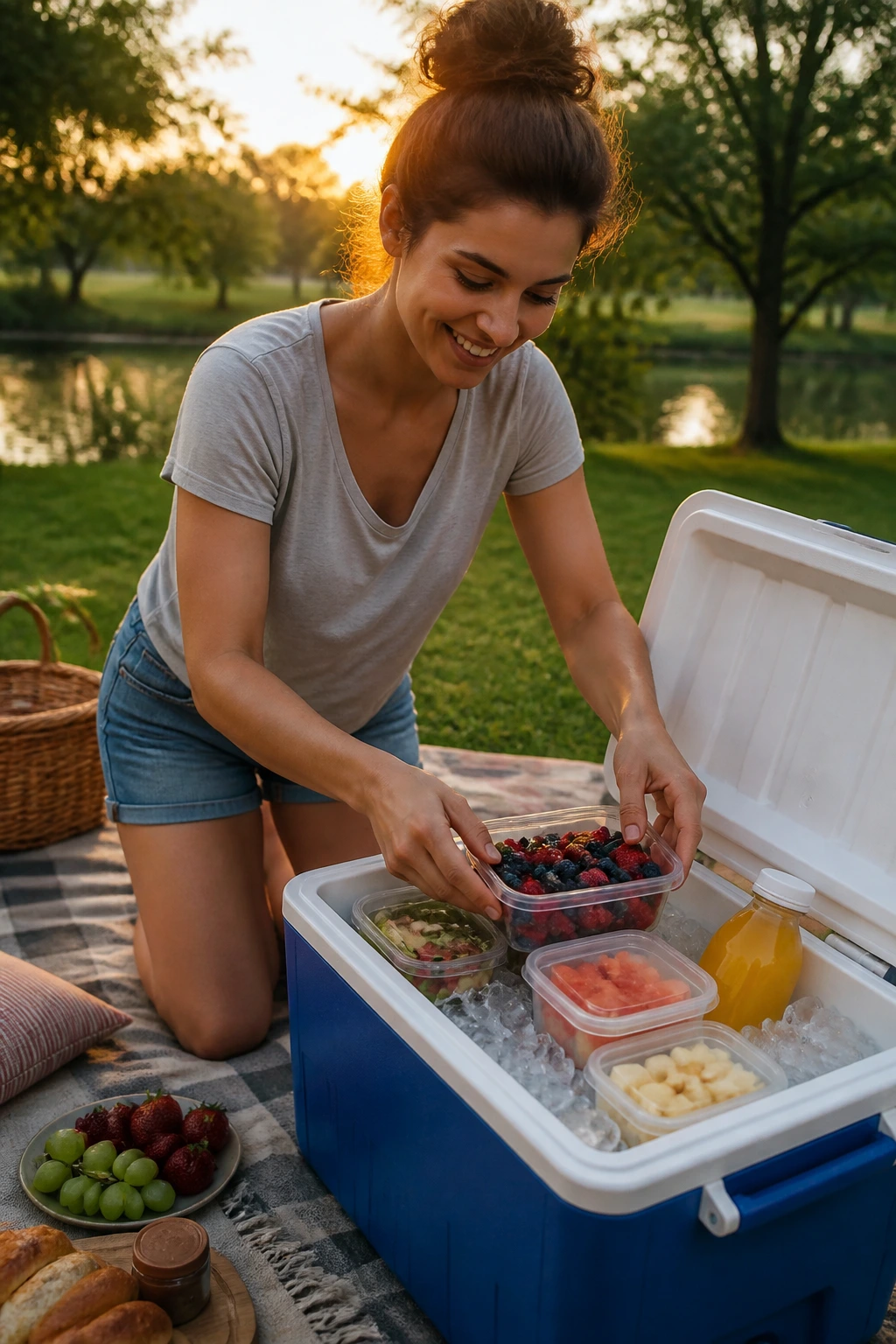 Person packing a cooler with cold foods at a park during sunset.