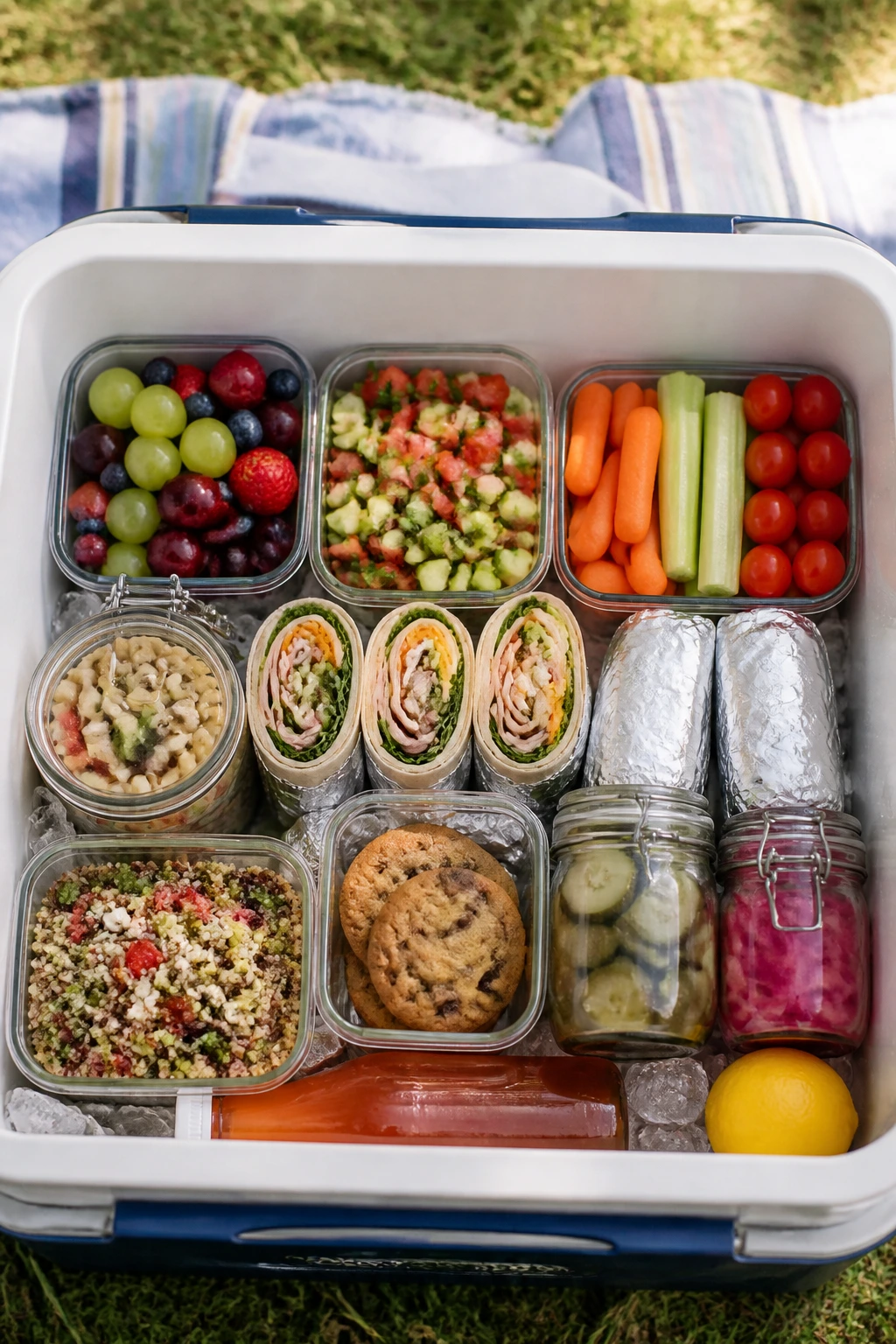 Open cooler filled with neatly packed picnic foods for easy wins in an outdoor setting