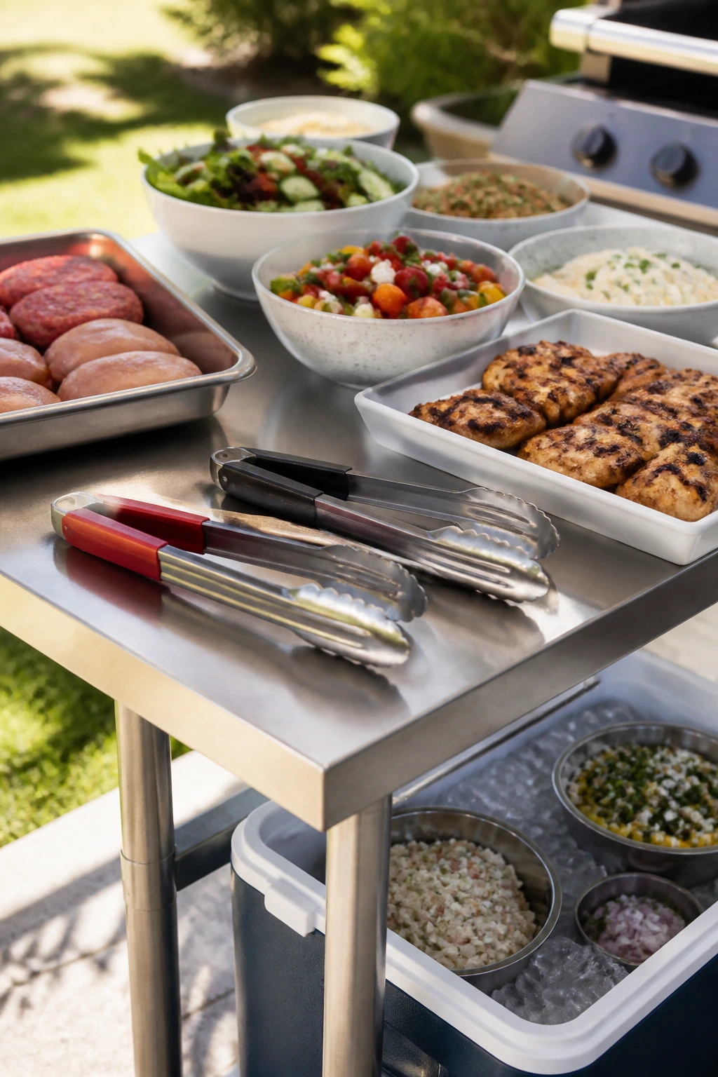 Outdoor prep station with separate tongs for raw and cooked foods and a cooler