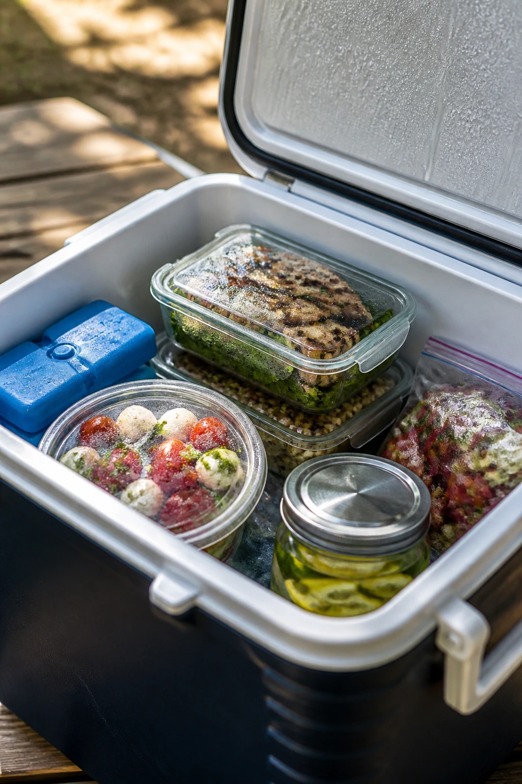 Cooler with ice packs and cold food containers on a picnic table outdoors