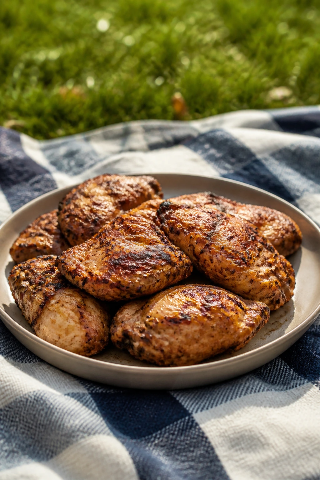 Pristine grilled chicken plated on a picnic blanket outdoors