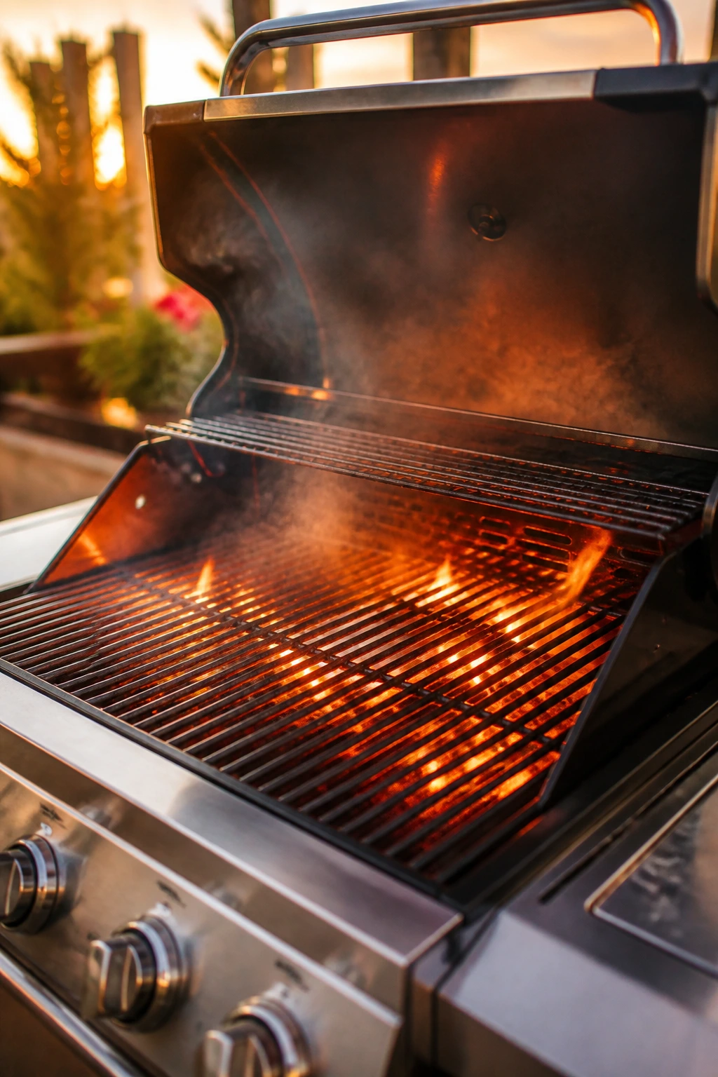 Close-up of a glowing backyard grill ready for cooking