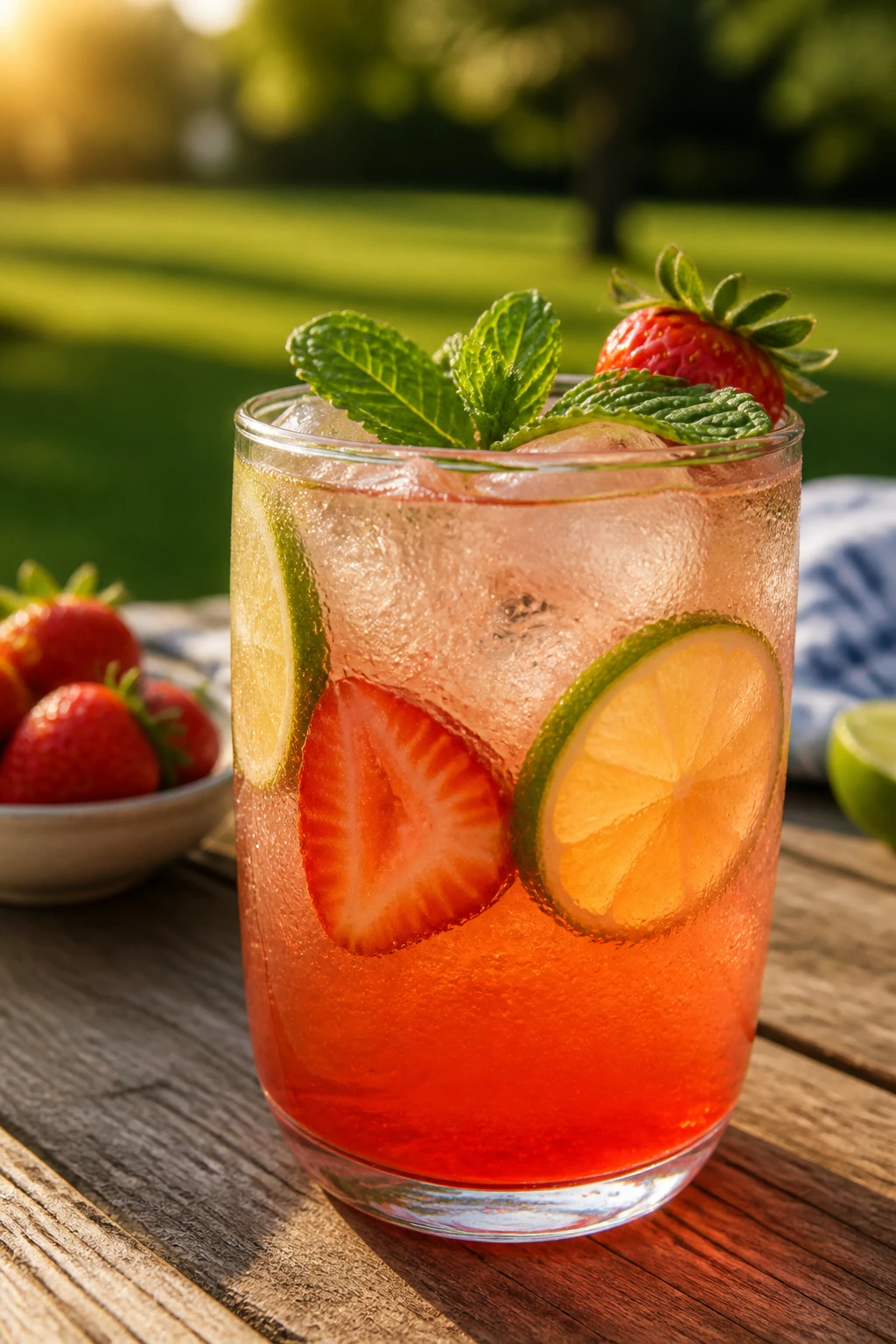 Close-up of an outdoor drink on a sunny picnic table emphasizing outdoor-friendly beverages