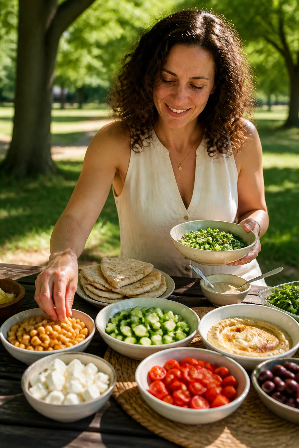Outdoor park table with varied vegetarian picnic spread