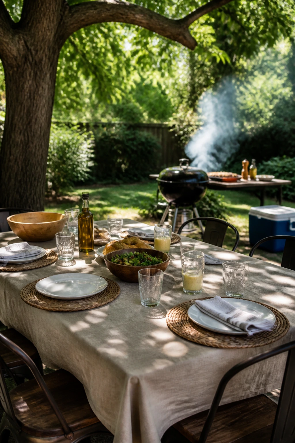 Organized outdoor dining table under shade in a backyard