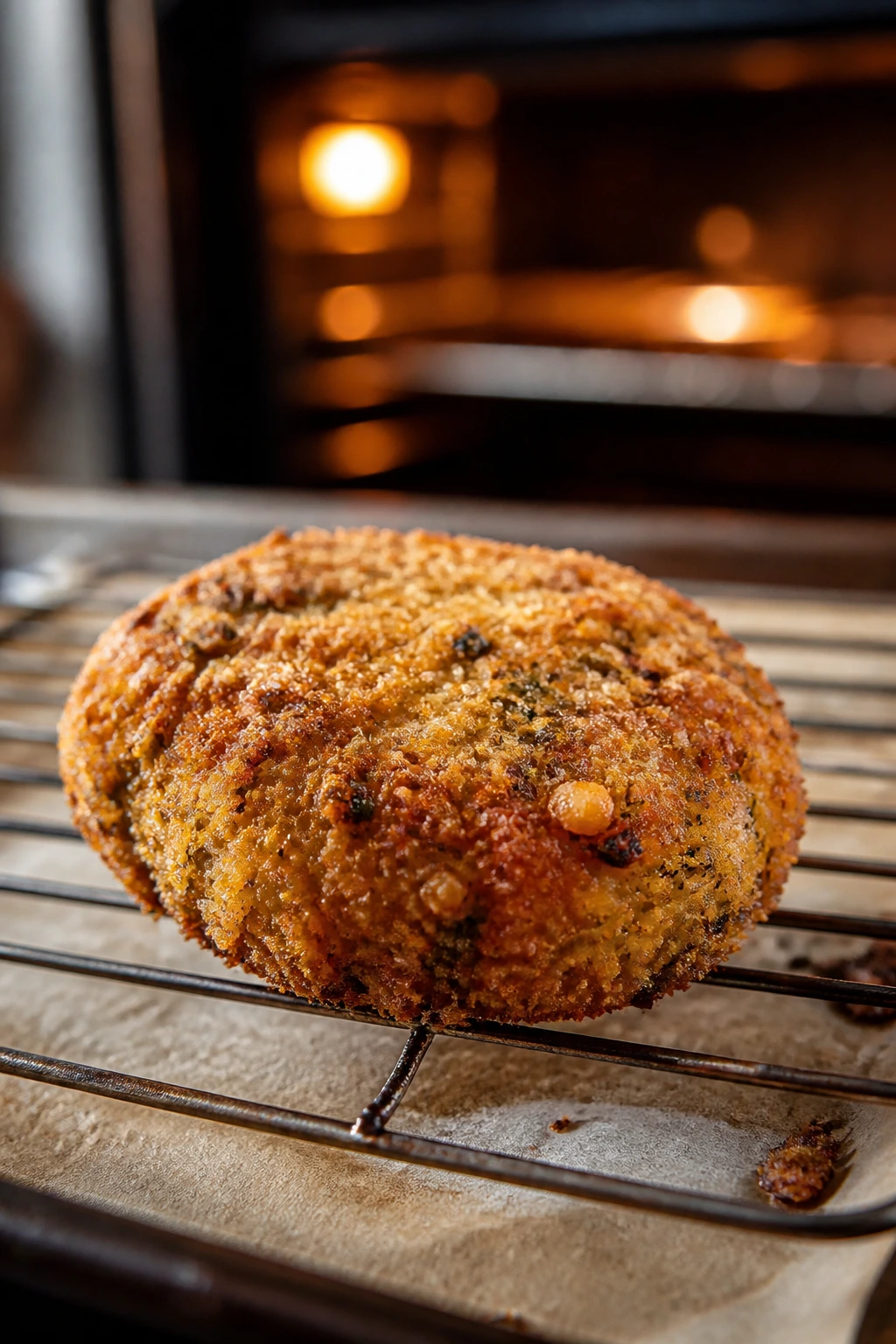 Close-up of a crisp veggie nugget on a rack with oven in background