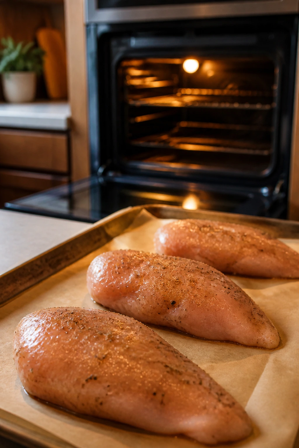 Boneless chicken breast on parchment-lined sheet pan in a kitchen near an open oven.