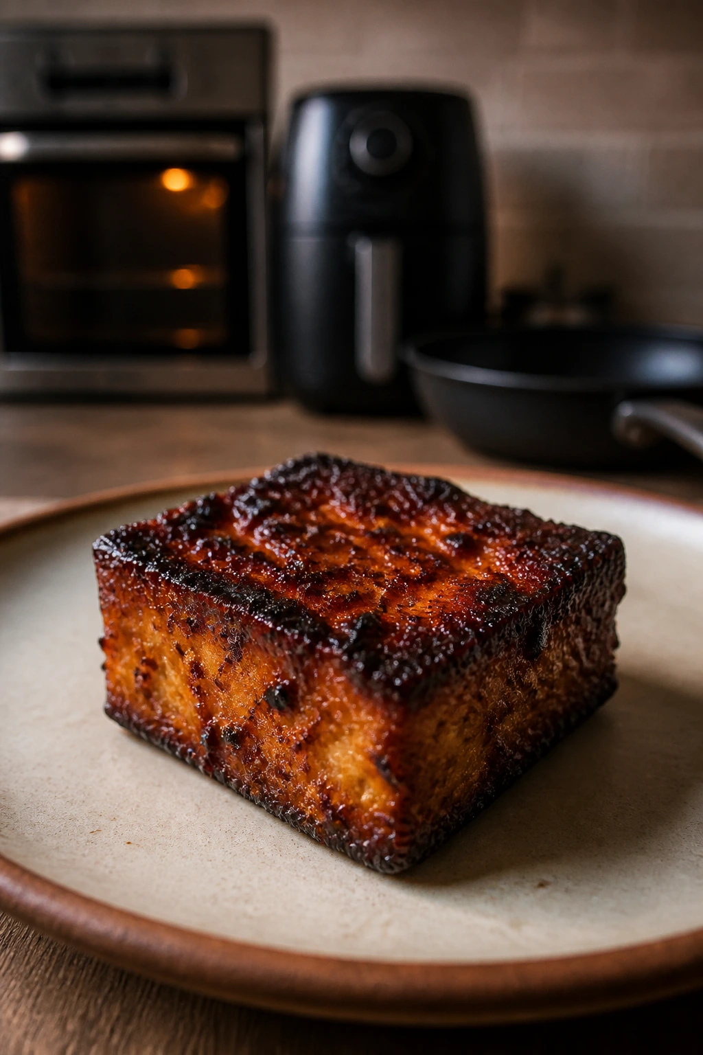 Crispy tofu on a plate with kitchen appliances in soft focus behind