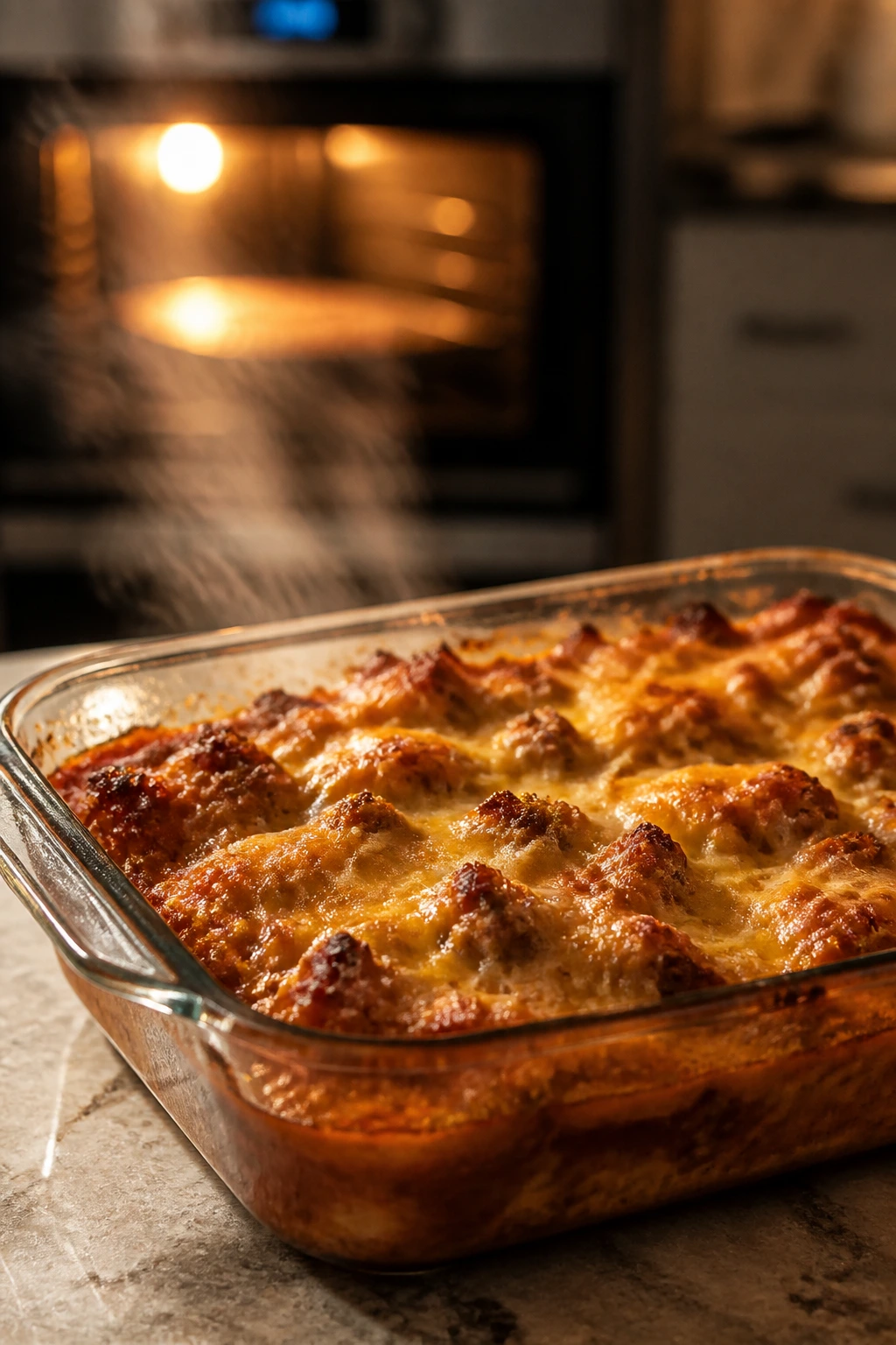 Bubbling casserole in a glass dish on kitchen counter