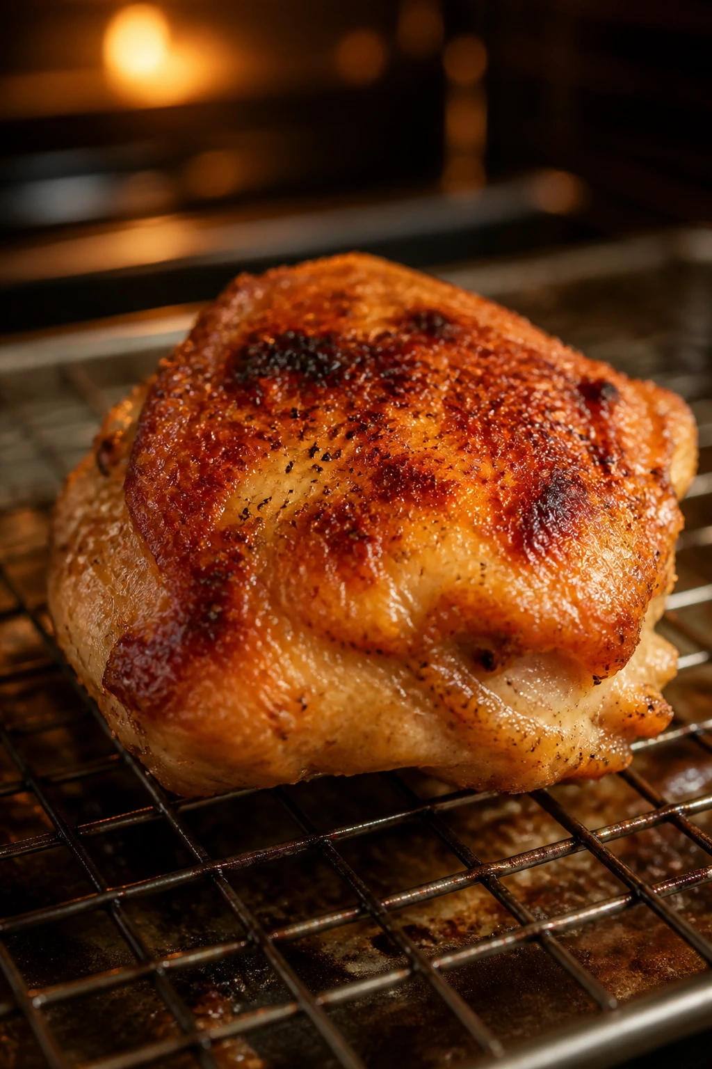 Crispy baked chicken thigh on a rack over a sheet pan