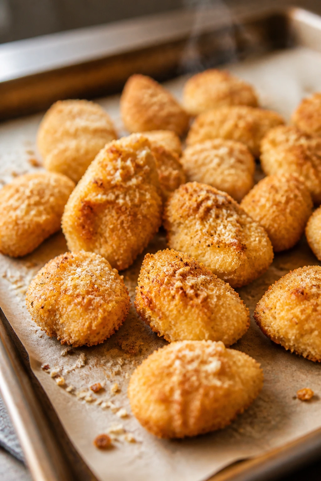 Crispy oven-baked chicken nuggets on parchment