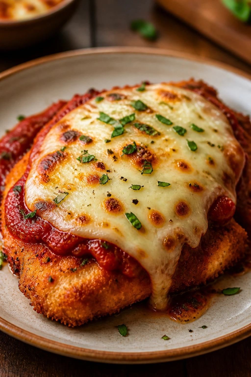 Crispy chicken parmesan with marinara and melted mozzarella