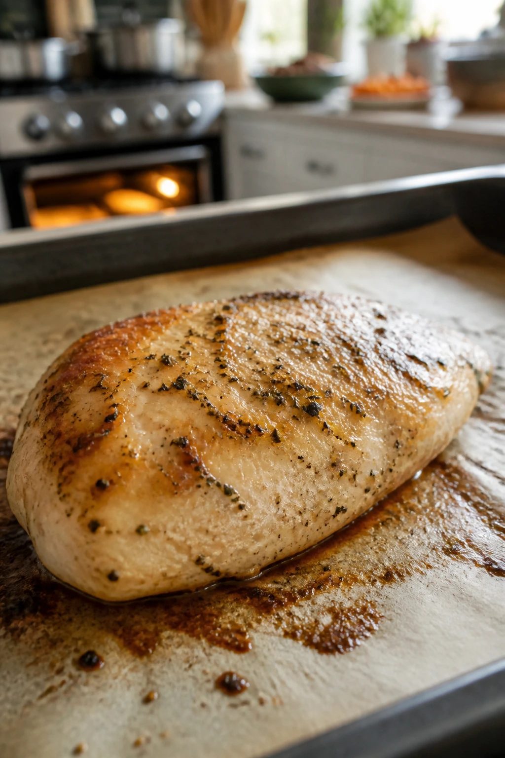 Boneless chicken breast browning on parchment-lined sheet pan